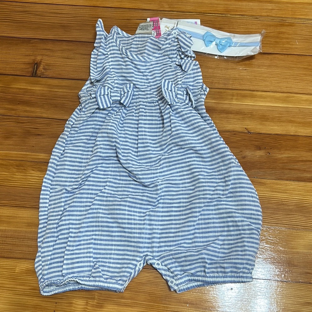 Baby Girl Linen Striped Romper & Headband